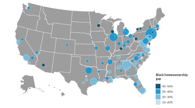 Diagram of a map of the United States displaying the racial homeownership gap in the 100 cities with the largest number of Black households.